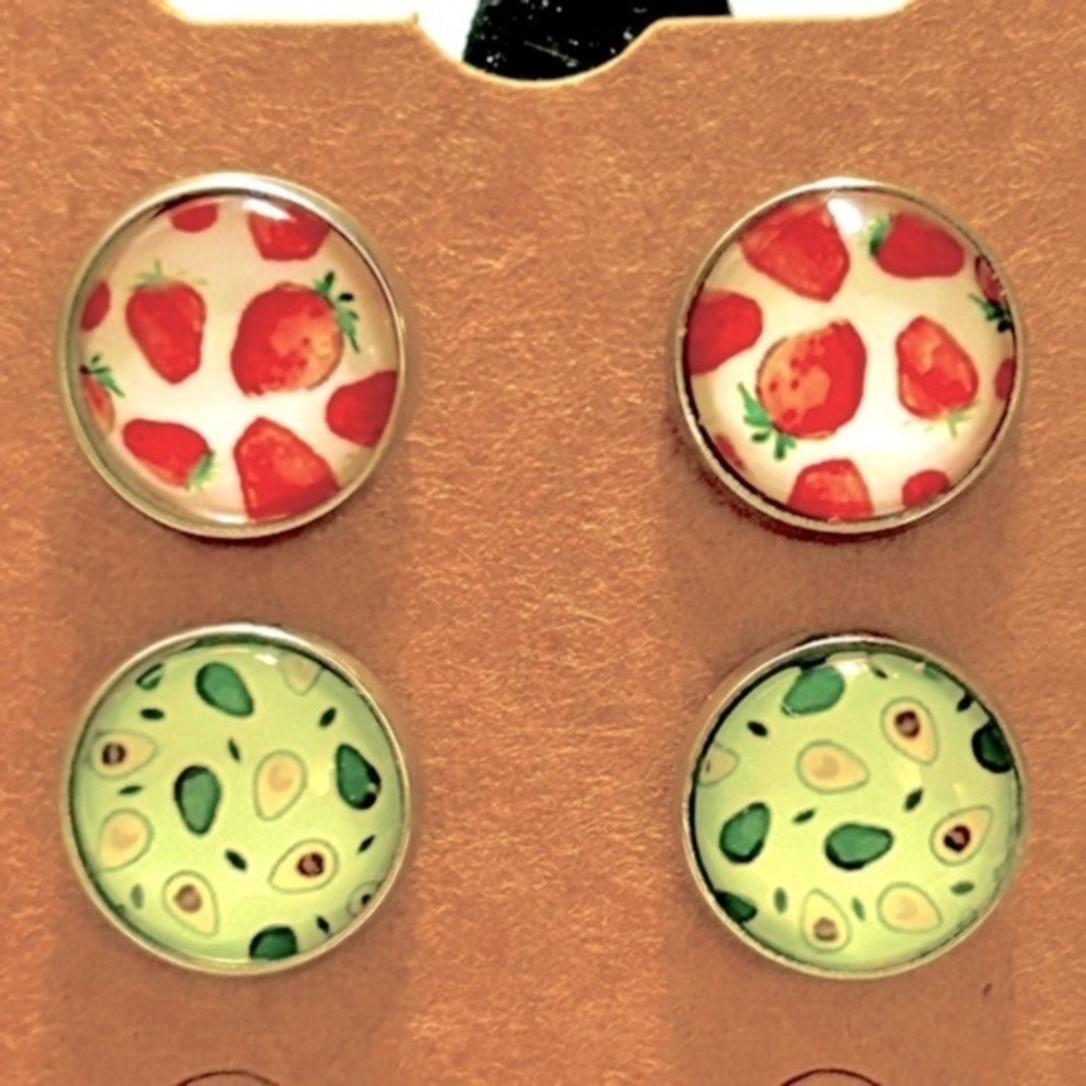 2 Pairs Fruit Print 12mm Stainless Steel Stud Earrings, Handmade, NWT
